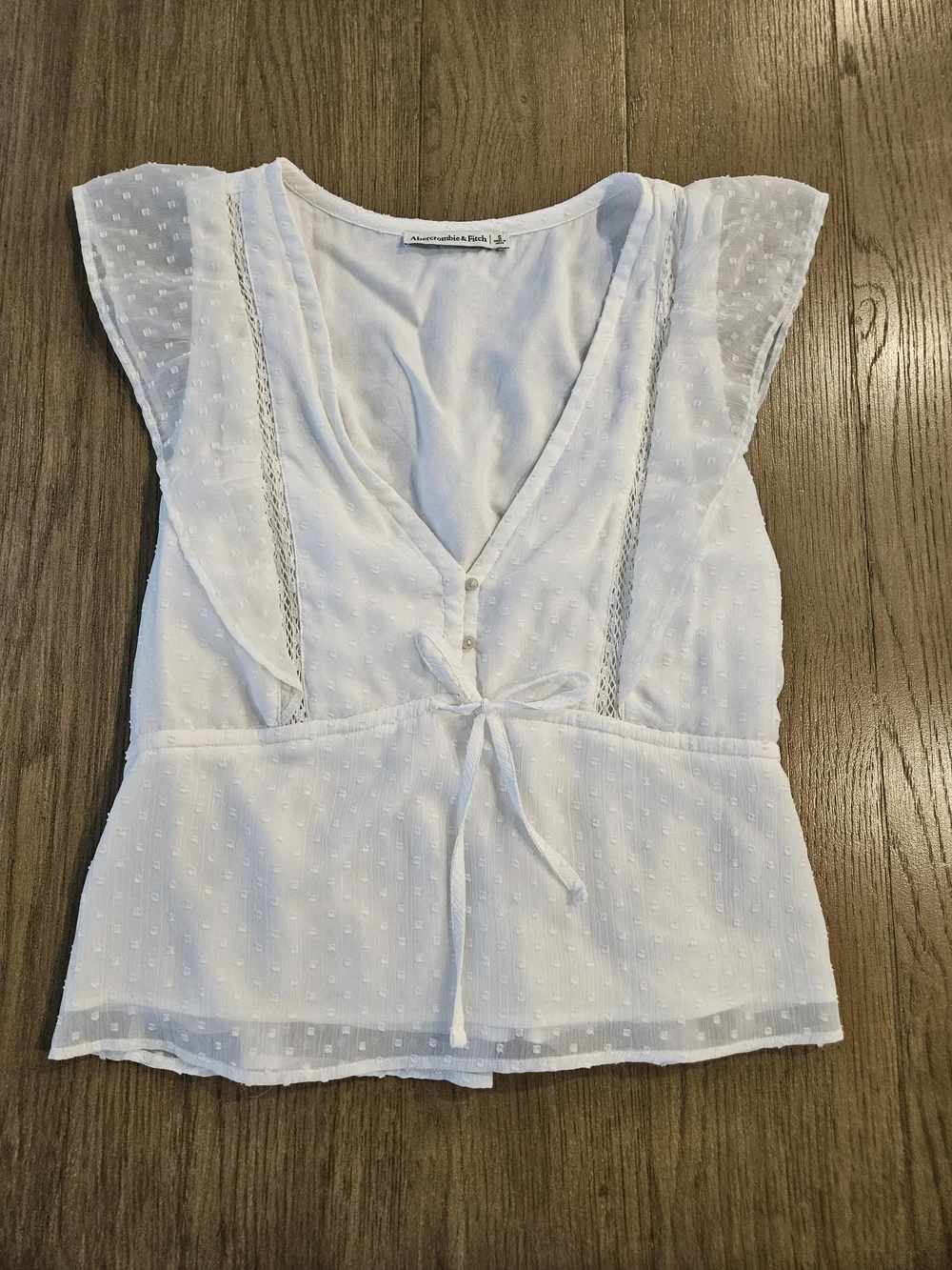 Abercrombie & Fitch White Boho Baby Doll Swiss Dot Tie-Front Peplum Blouse Sz.S